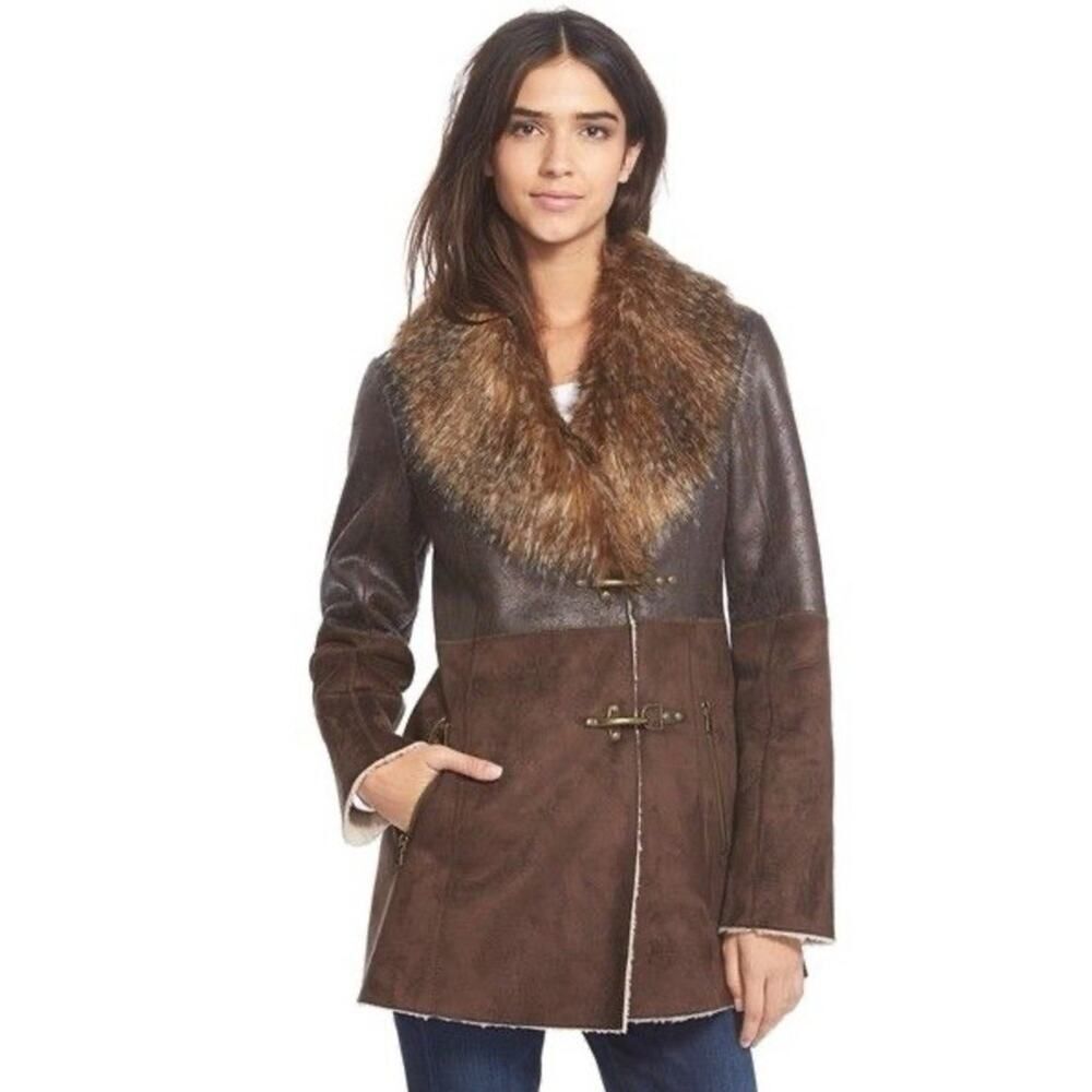 Jessica Simpson Faux Shearling Teddy Coat Brown Faux Fur Jacket Large